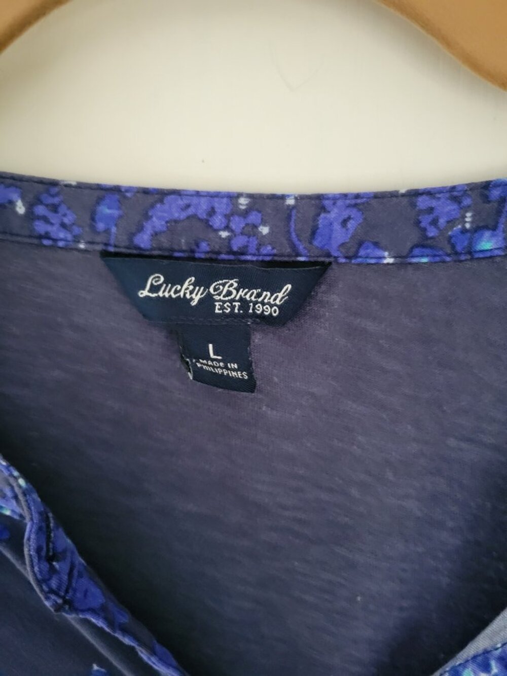 Lucky Brand Navy Paisley Print Henley Top Boho Long Sleeve Sz L - Picture 3 of 7
